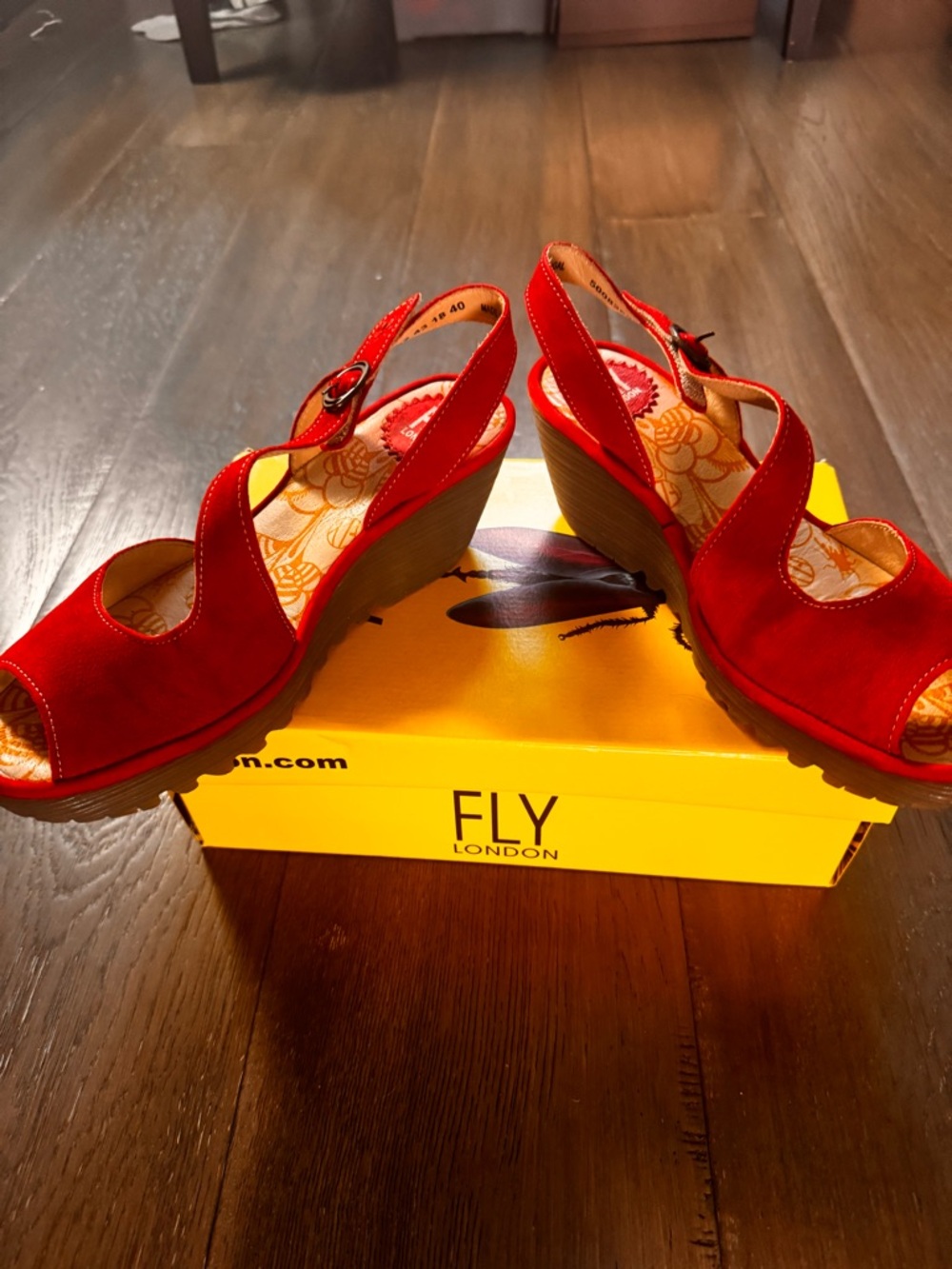 Fly London Red Suede Peep-Toe Wedge Sandals